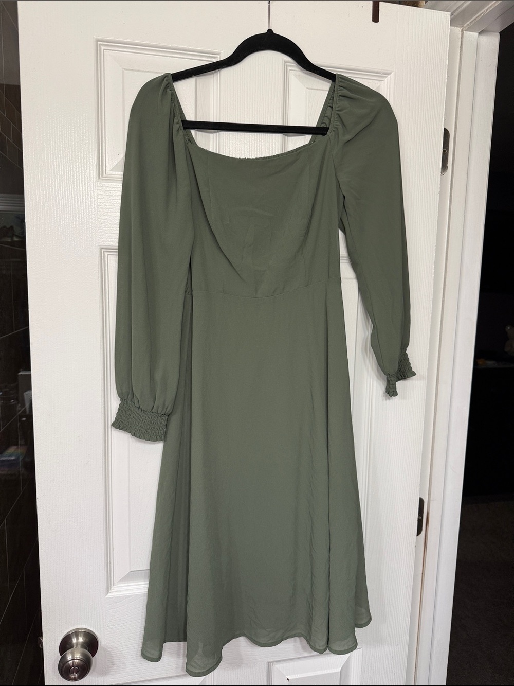 Baltic Born Olive Green Long Sleeve Square Neck Midi Dress with Smocked Cuffs